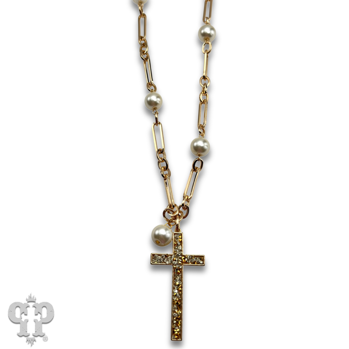 Gold and pearl bead necklace with cross pendant