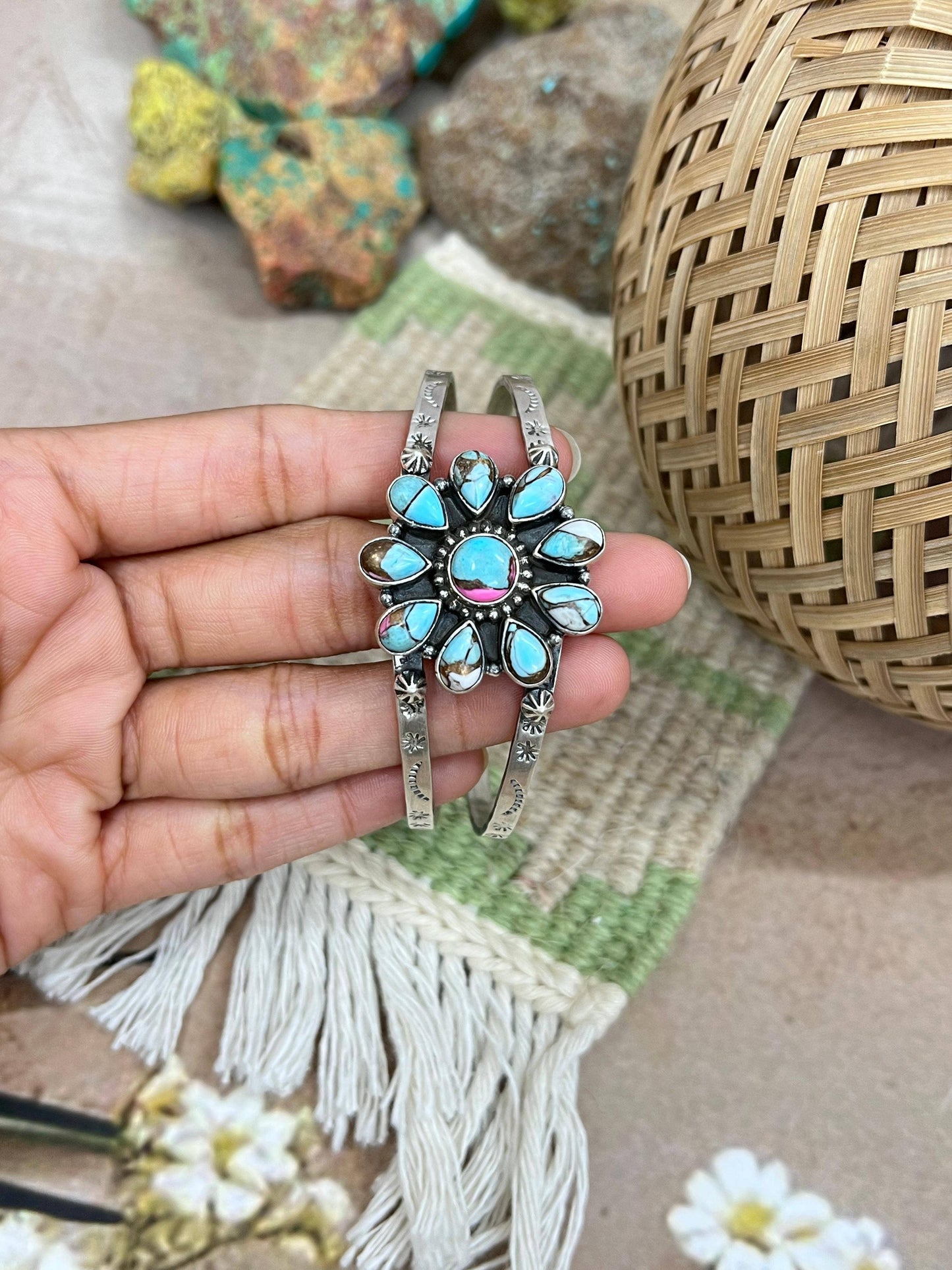 Handmade Sterling Silver Cotton Candy Turquoise Cuff Bracelet with Signed Nizhoni