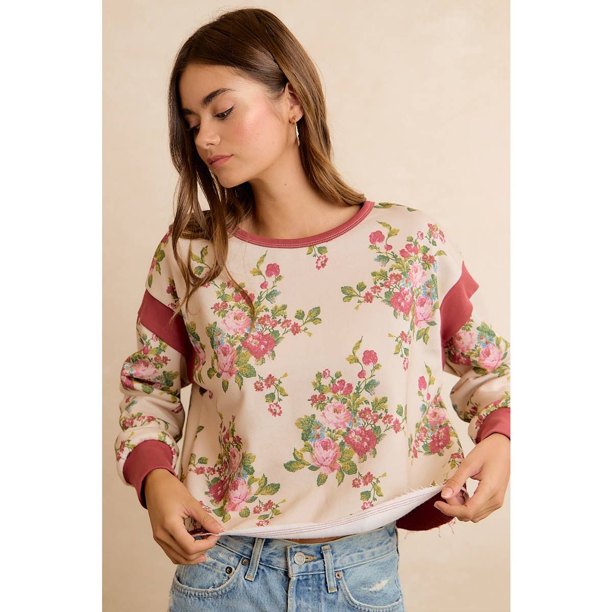 FLORAL BRUSHED TERRY OPEN BACK LONG SLEEVES TOP