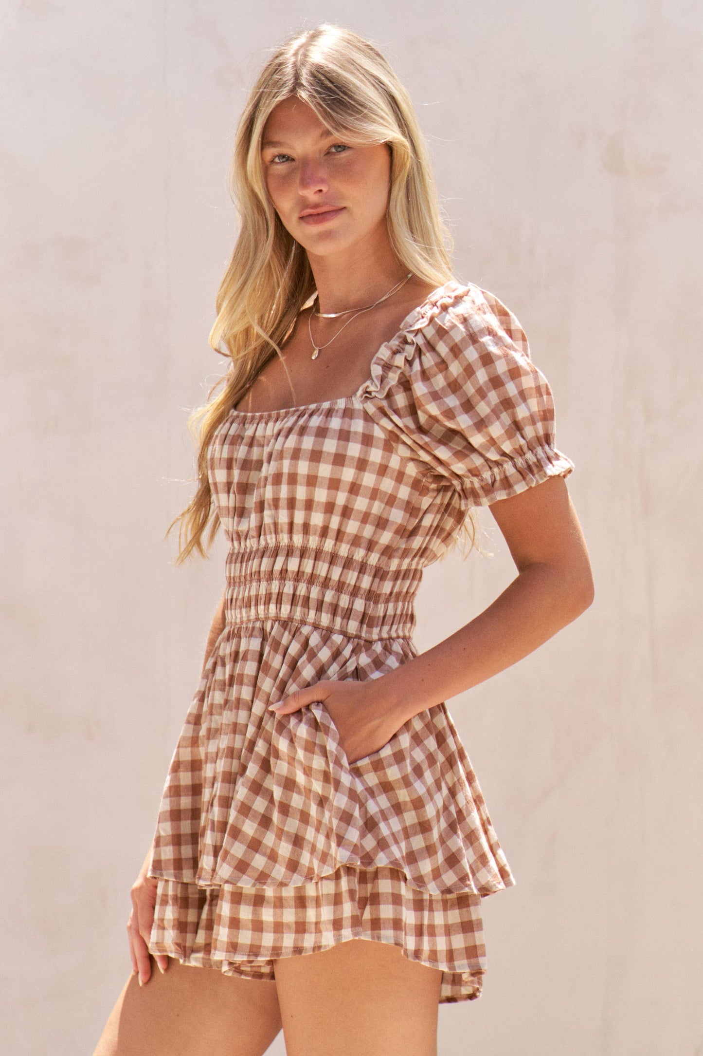 GINGHAM PRINT PUFF SLEEVE ROMPER