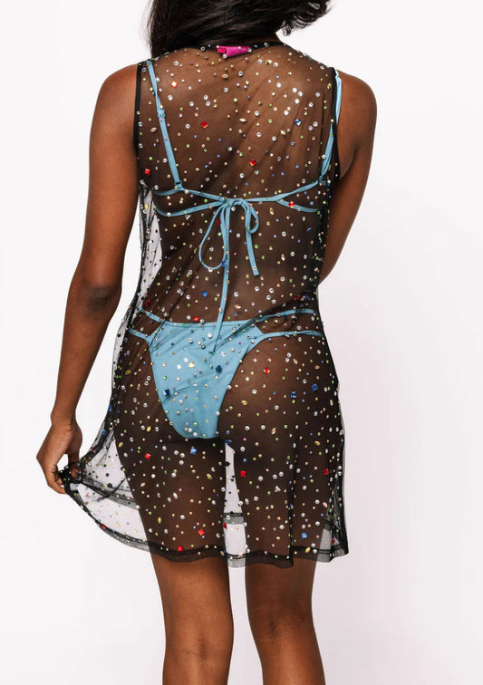 Black Multi Rhinestone Mesh Coverup