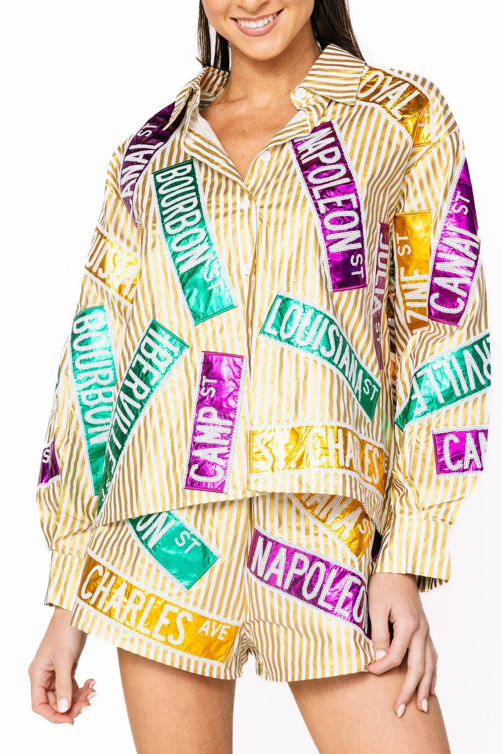 QUEEN OF SPARKLES METALLIC GOLD STRIPE NOLA STREET SIGNS BUTTON UP TOP
