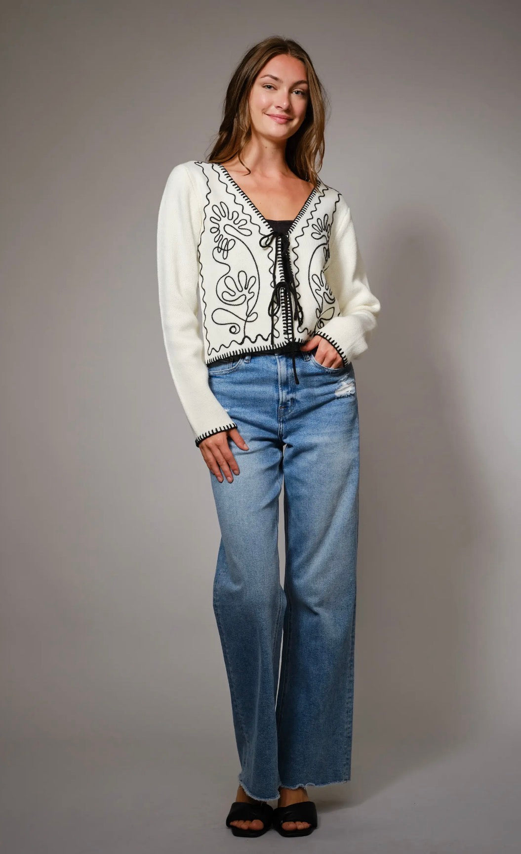 Embroidered Front Tie Long Sleeve Cardigan