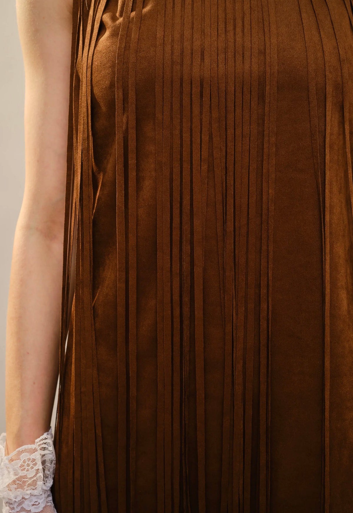 Mock Neck Suede Fringe Mini Dress