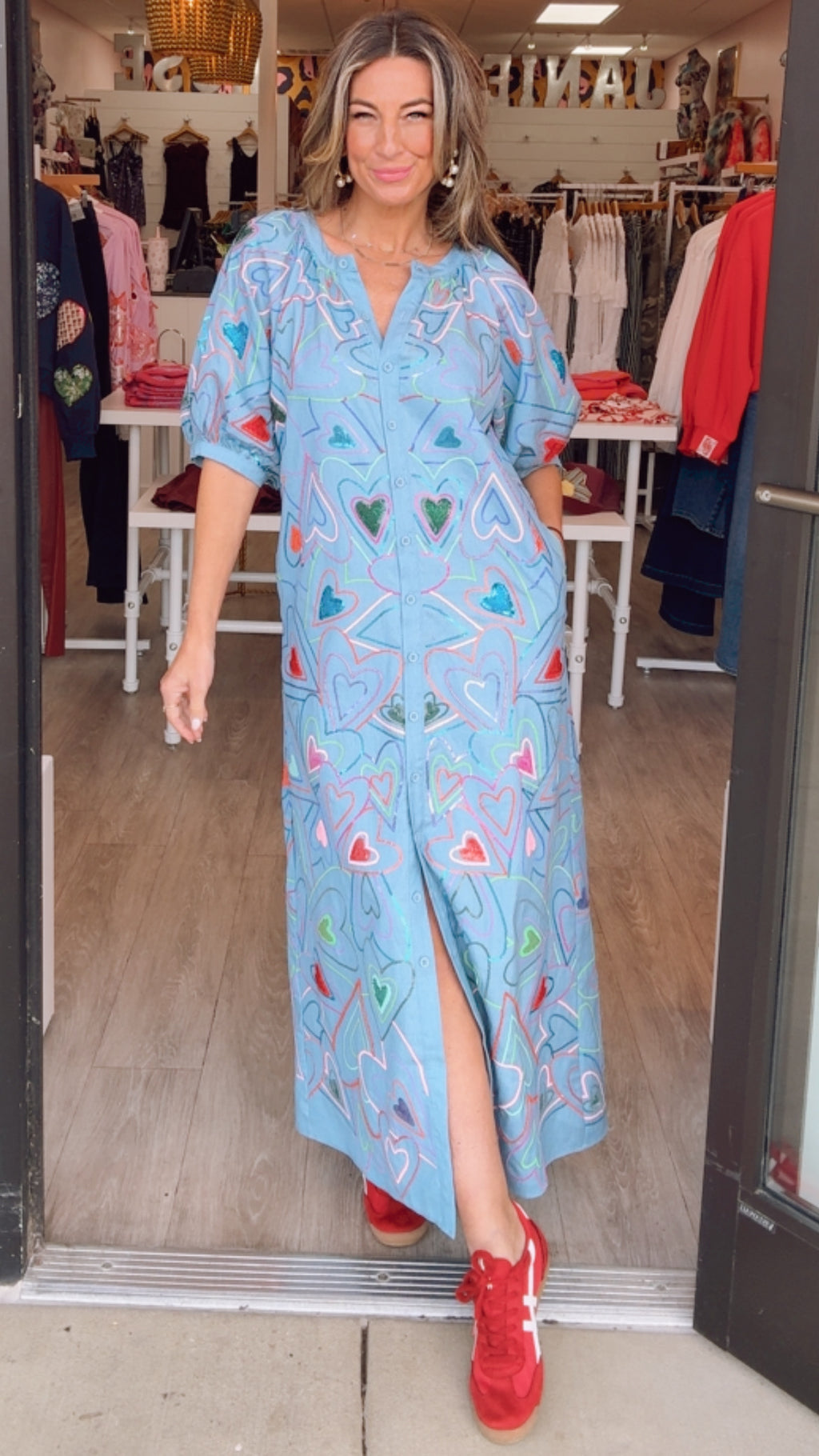 Queen Of Sparkles Light Denim Multi Groovy Heart Button Up Cotton Midi Dress