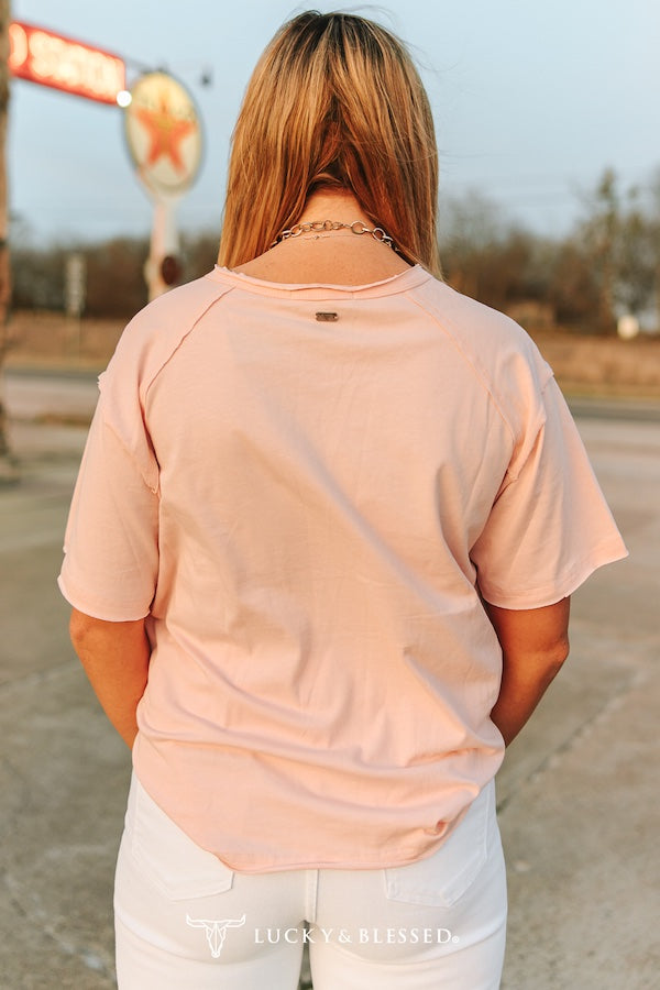 PINK WESTERN - CAMEL EMBROIDERED SHORT SLEEVE UNFINISHED HEM DETAIL SHIRT
