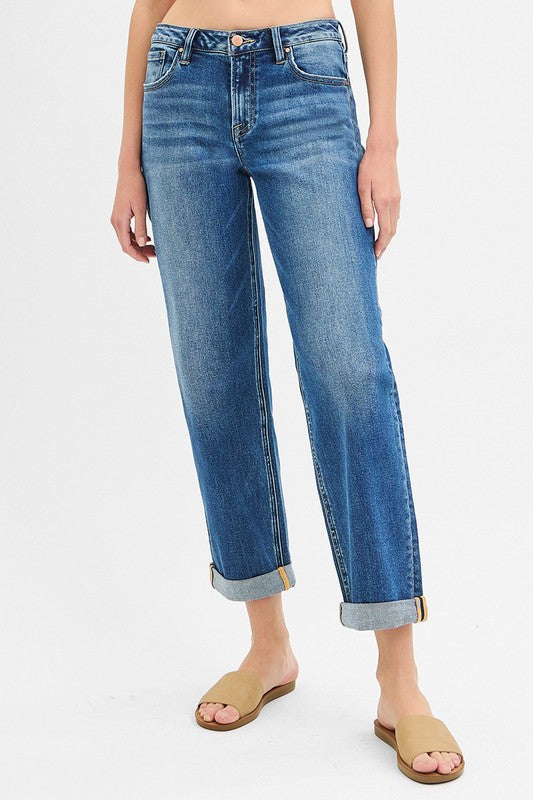Risen Mid Rise Boyfriend Roll Up Jeans