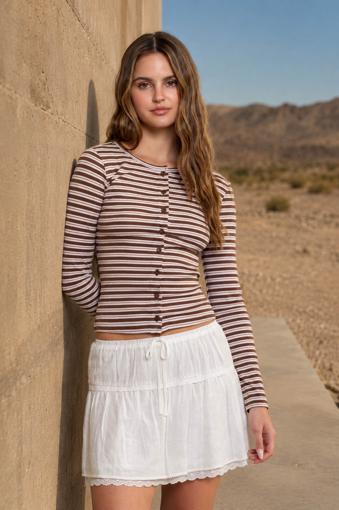 BUTTON DOWN CREW NECK STRIPED LONG SLEEVE KNIT TOP