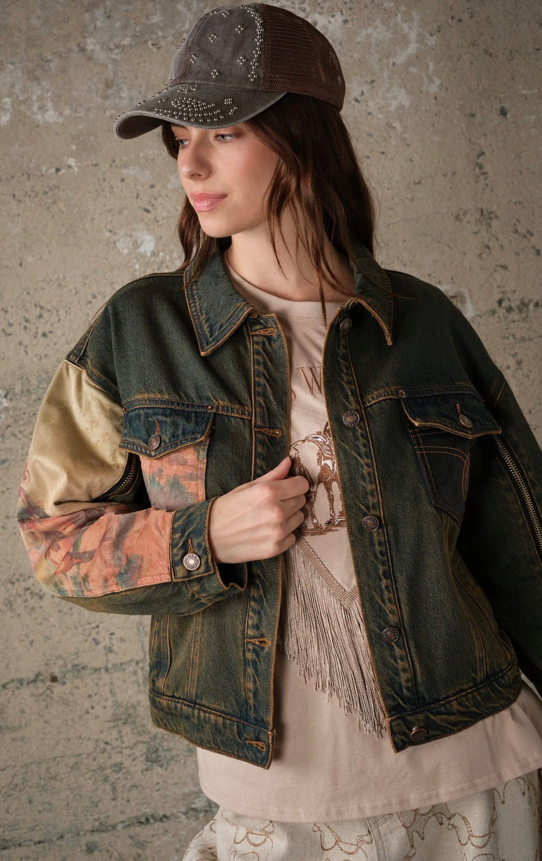 Western Print Mix Denim Jacket