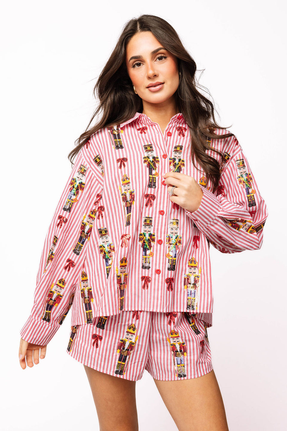 Queen Of Sparkles Red Stripe Scattered Nutcracker & Bow Cotton Button Up Top
