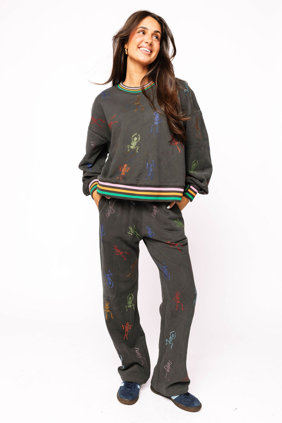 Queen Of Sparkles Charcoal Multi Skeleton Striped
Trim Sweatshirt OR Sweatpant