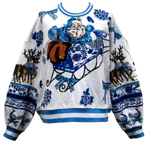 Queen Of Sparkles BLUE & WHITE FLORAL VINTAGE SANTA SWEATSHIRT