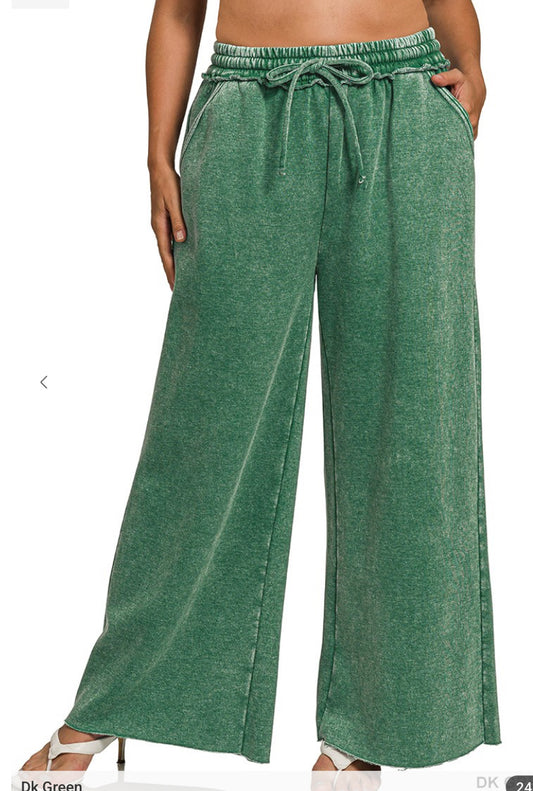 Acid Wash Fleece Palazzo Sweatpants With Pockets (Plus)