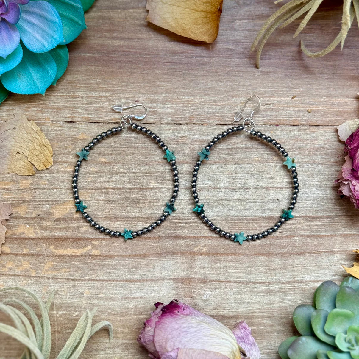 African Turquoise Star Hoop Earrings - 3mm Sterling Silver