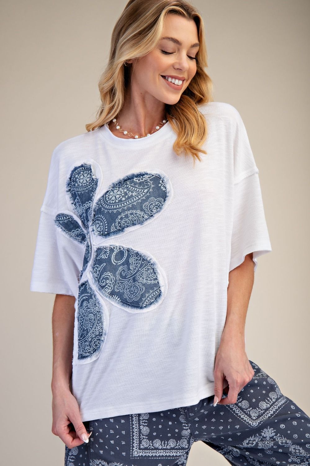 FLORAL PATCH WASHED COTTON BOXY TOP