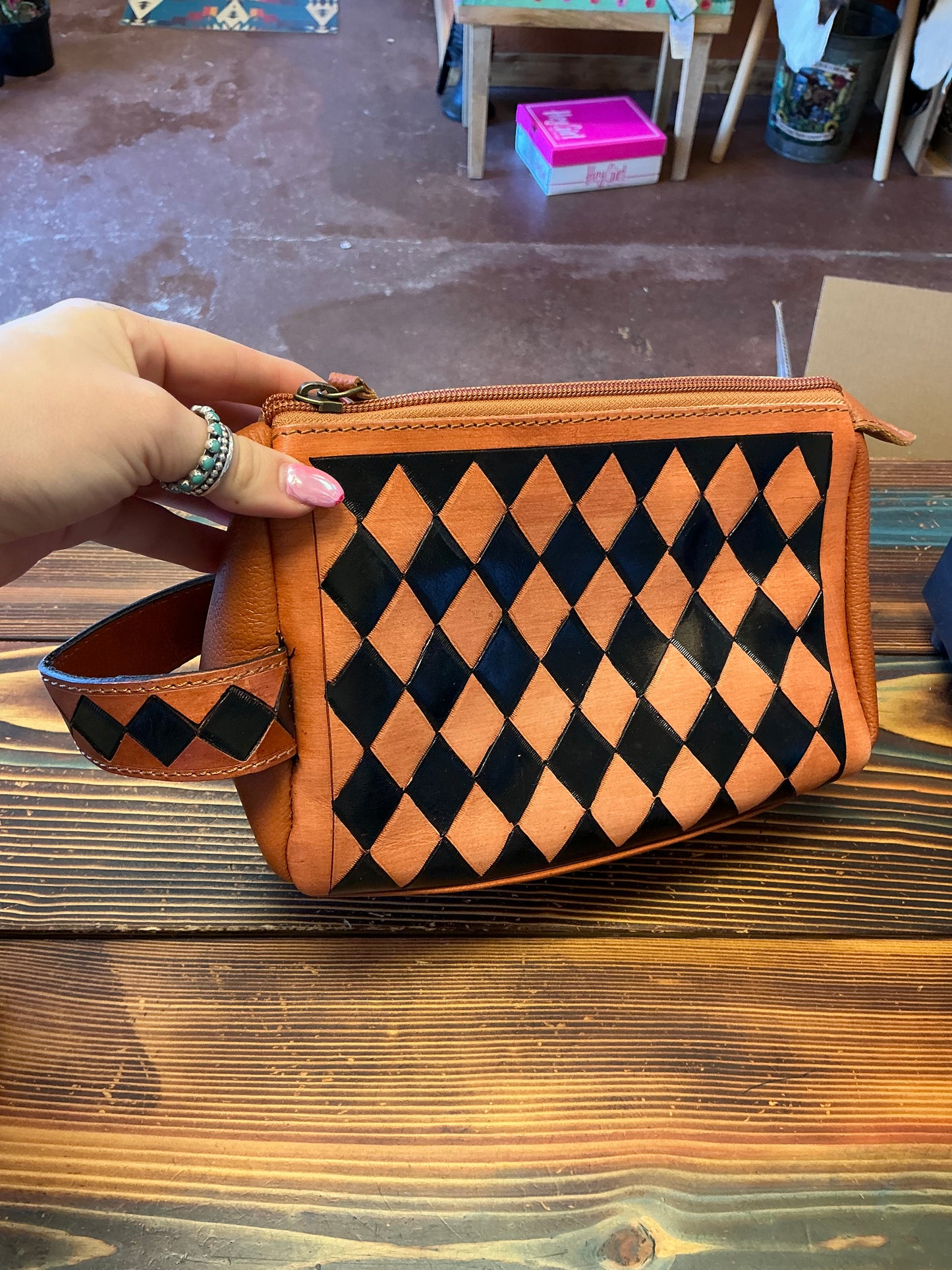 Checkered Leather Makeup Bag