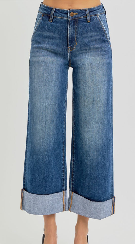 High Rise-Ankle Wide Cuffed Jeans