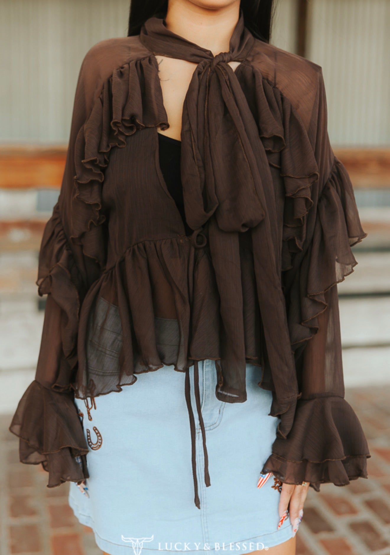 SHEER RUFFLE TIE NECK WESTERN BLOUSE