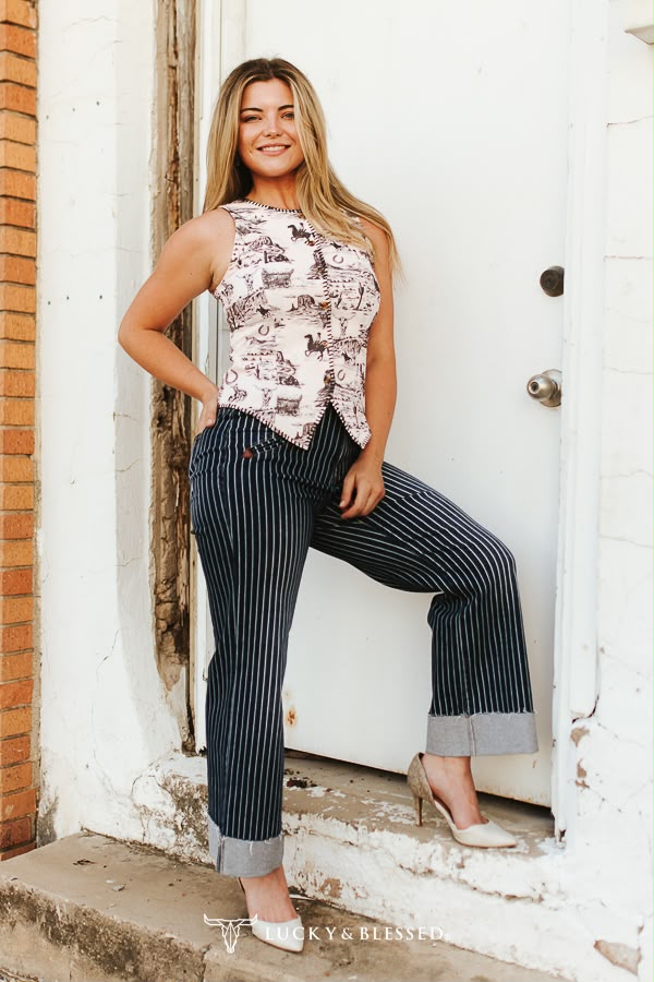 STRIPED CUFFED BOYFRIEND WESTERN ARROW POCKET JEANS (28IN INSEAM)