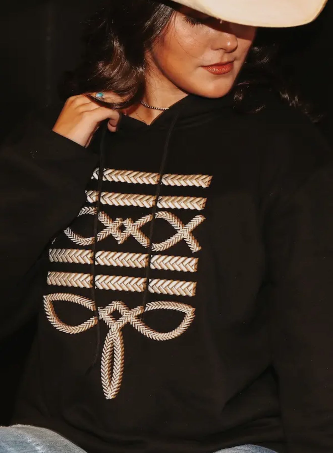 Black Hoodie W Ivory Boot Stitch Embroidery