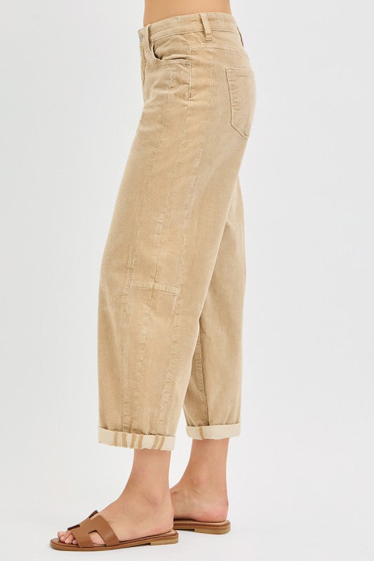 RISEN HIGH RISE CROP BARREL CORDUROY PANTS