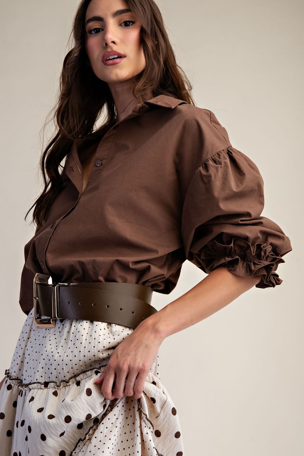3/4 SLEEVES BUTTON DOWN POPLIN SHIRT