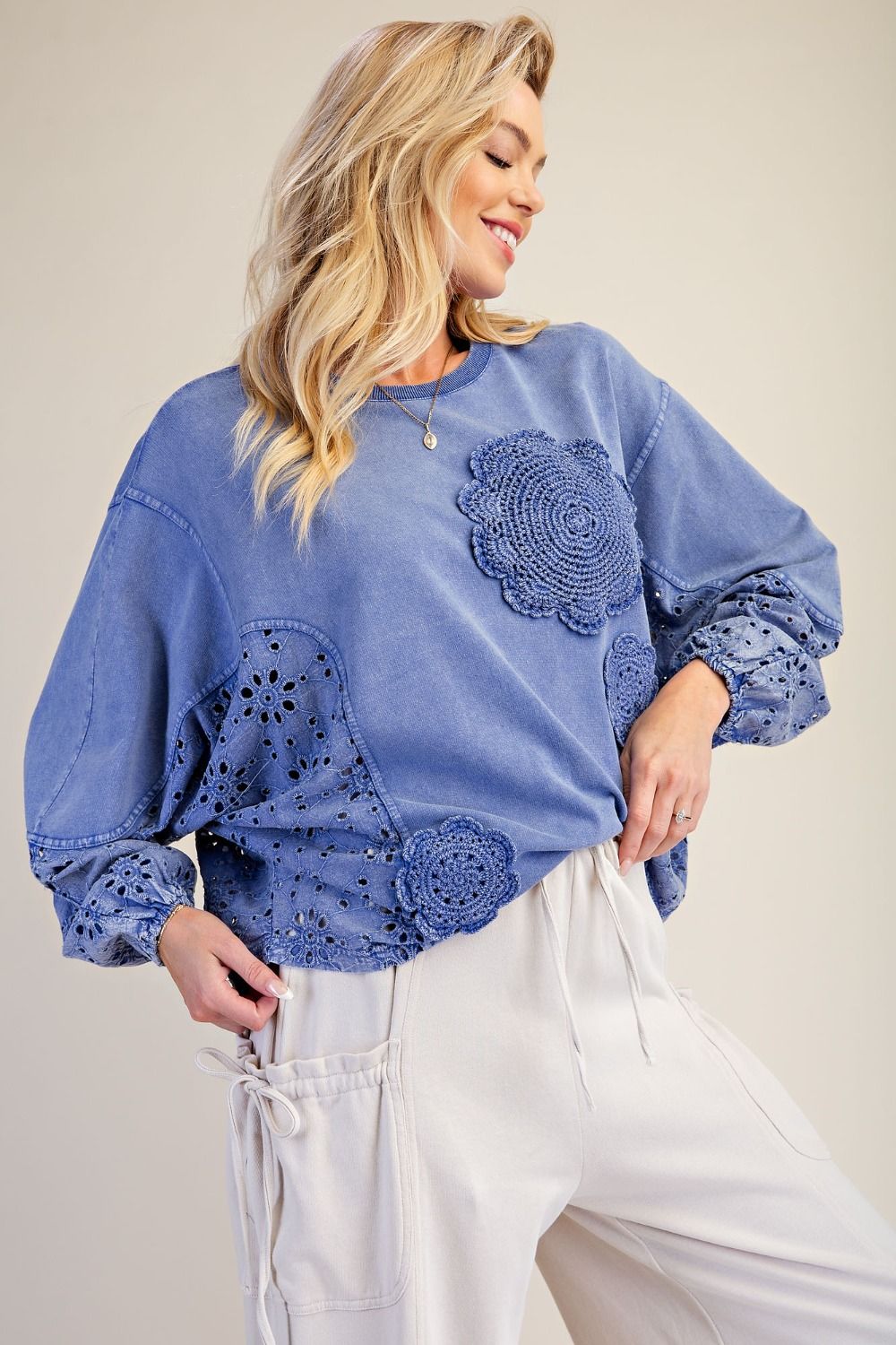 CROCHET PATCH DETAILING WASHED TERRY TOP
