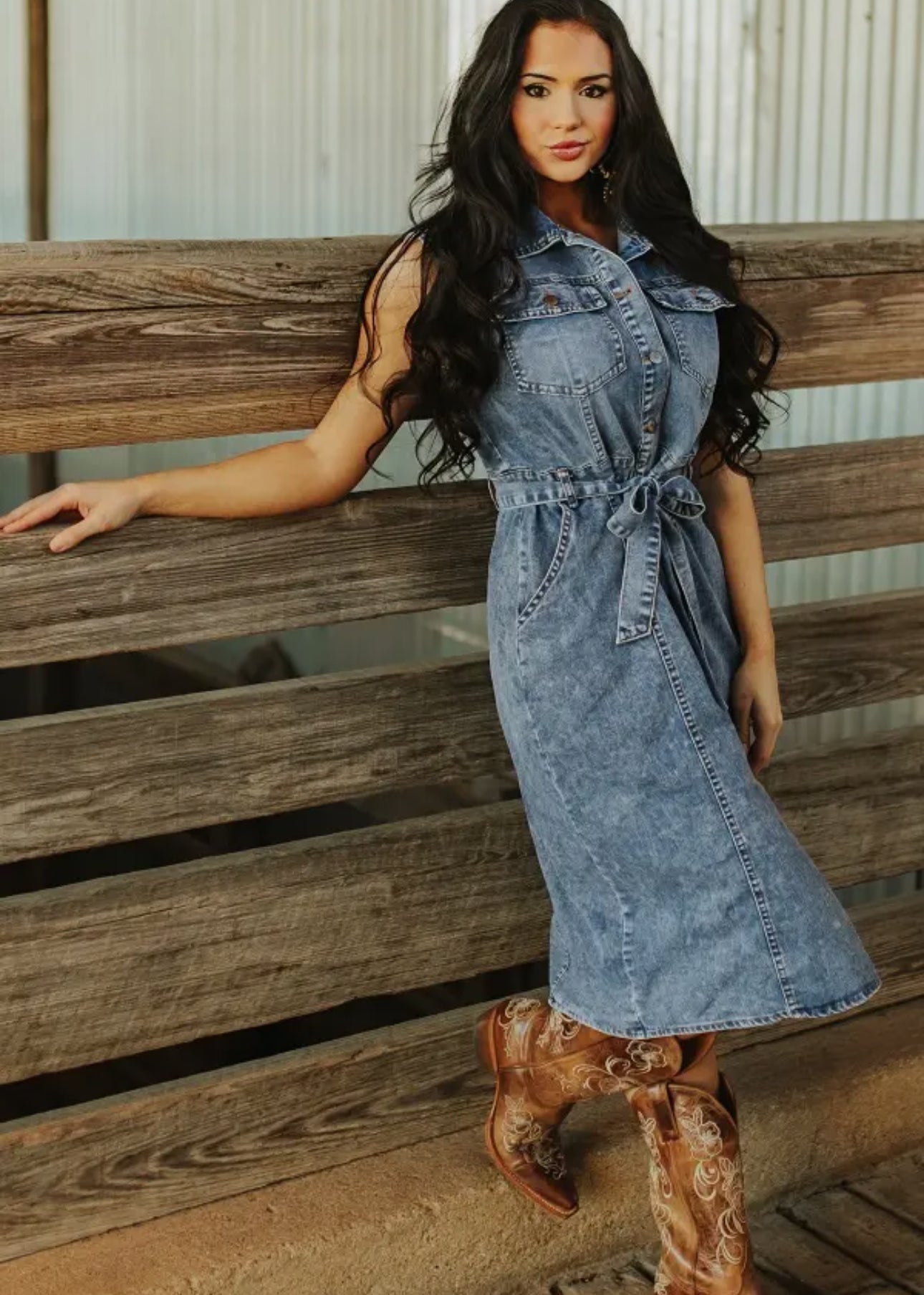 Dark Wash Denim Button Down Belted Dress