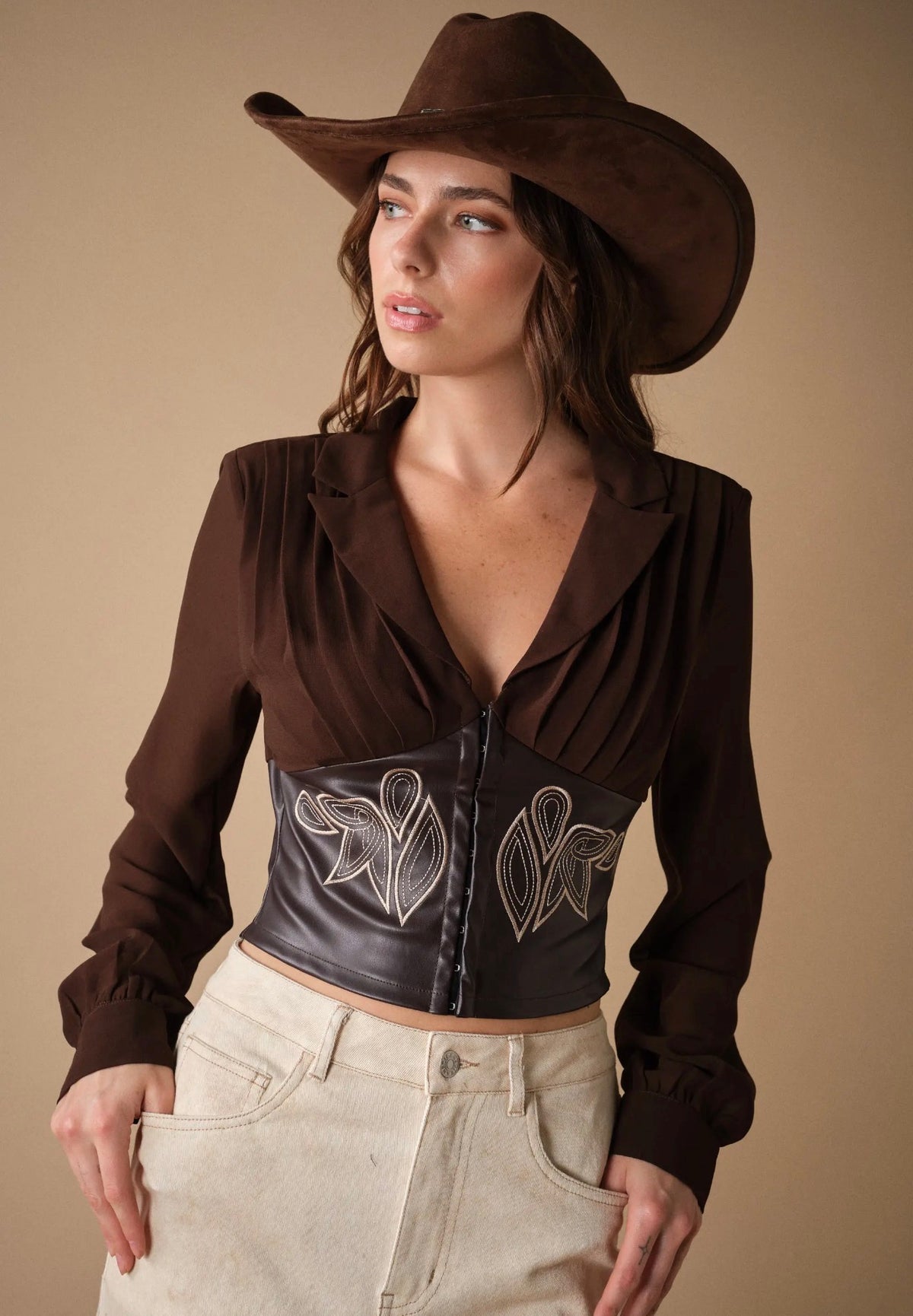 Western Embroidered Faux Leather
Panel Top