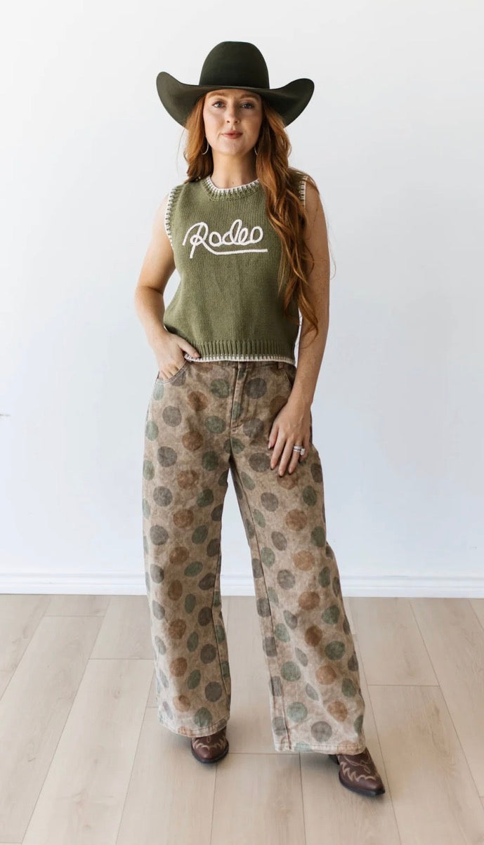 VINTAGE OLIVE POLKA DOT WIDE LEGGED BARREL PANT