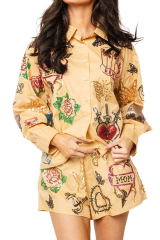 BEIGE TATTOO COTTON BUTTON UP TOP ✨ Queen Of Sparkles
