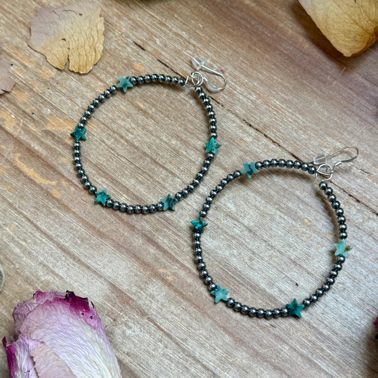 African Turquoise Star Hoop Earrings - 3mm Sterling Silver