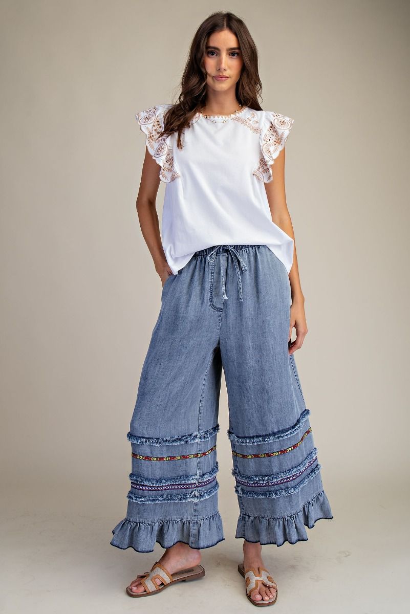 RUFFLE BOTTOM STONE WASHED CHAMBRAY PANTS
