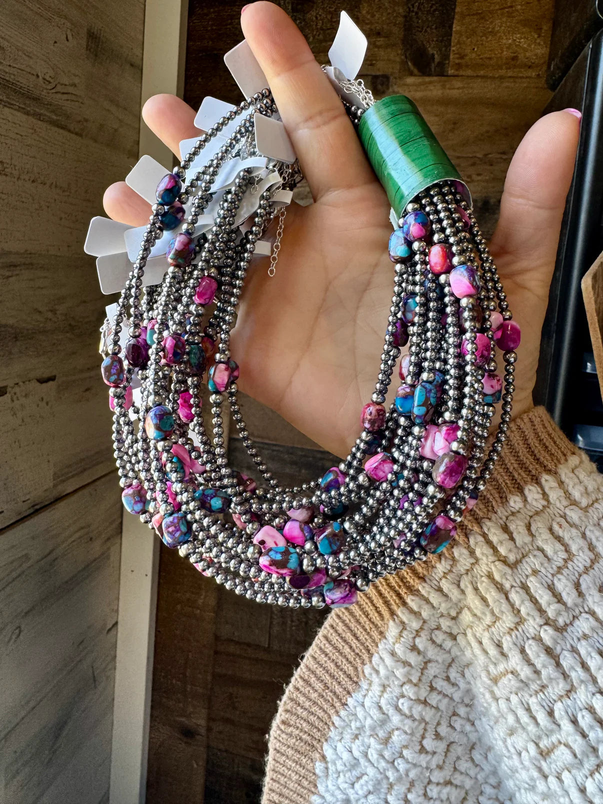 Pink dye Turquoise Choker and Sterling Silver Pearls