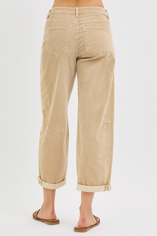 RISEN HIGH RISE CROP BARREL CORDUROY PANTS