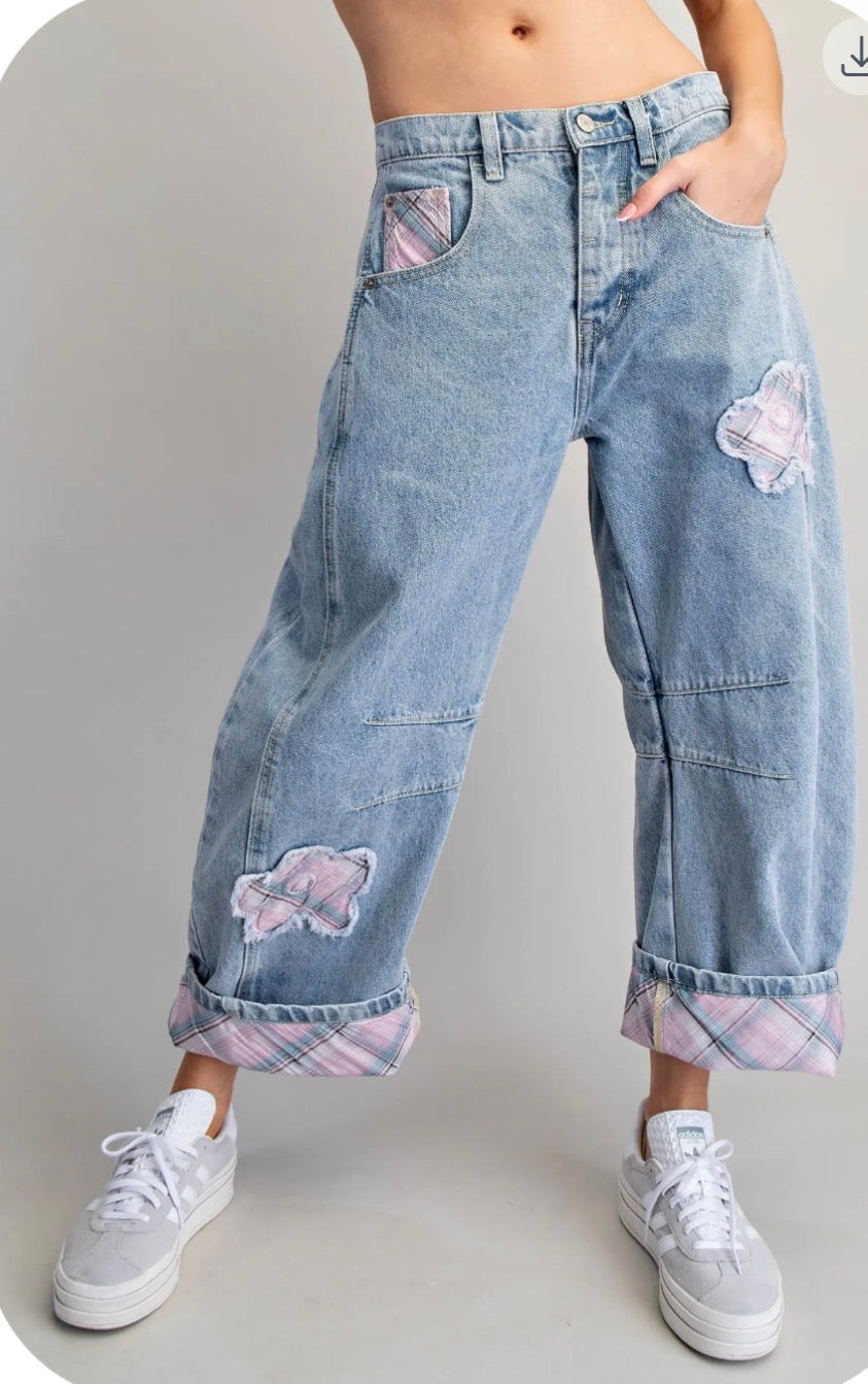Floral Patch Plaid Denim Pants