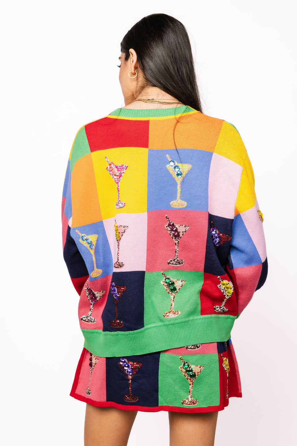 Queen Of Sparkles Multi Checkered Cosmo Button Up Sweater