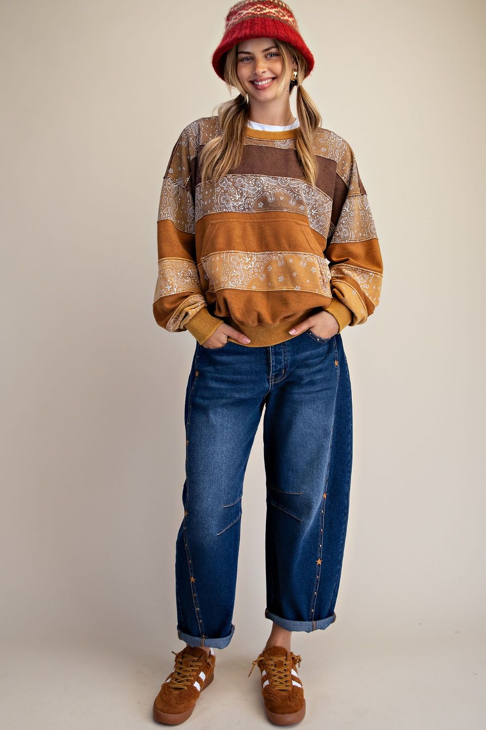 BANDANA PRINT WASHED TERRY PULLOVER