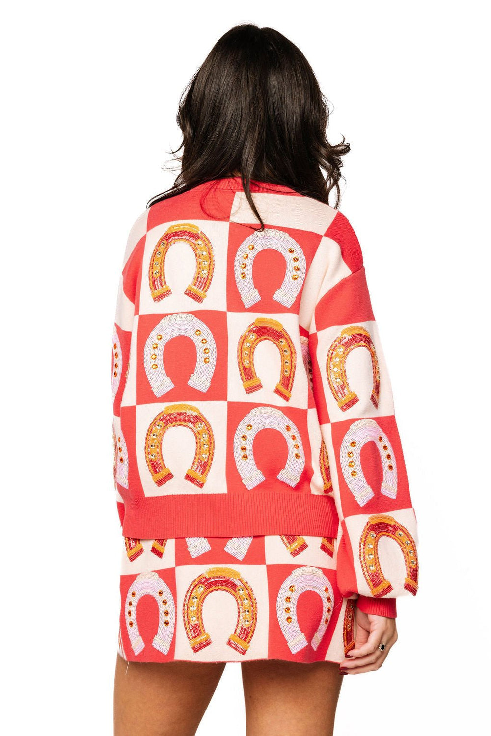 QUEEN OF SPARKLES HOT PINK CHECKERED HORSE SHOE BUTTON UP SWEATER