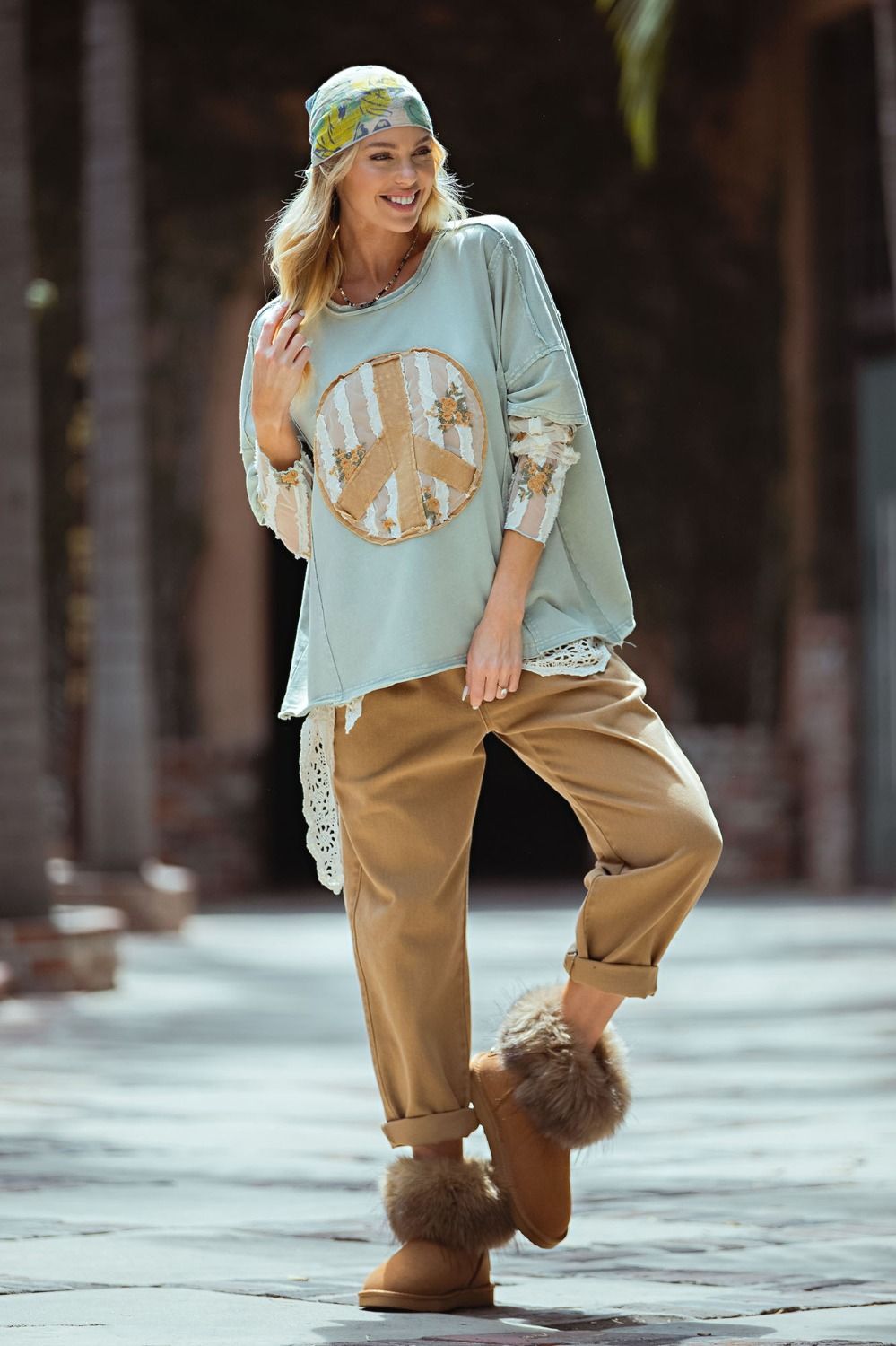 PEACE PATCH FRONT WASHED KNIT TOP - Plus Size