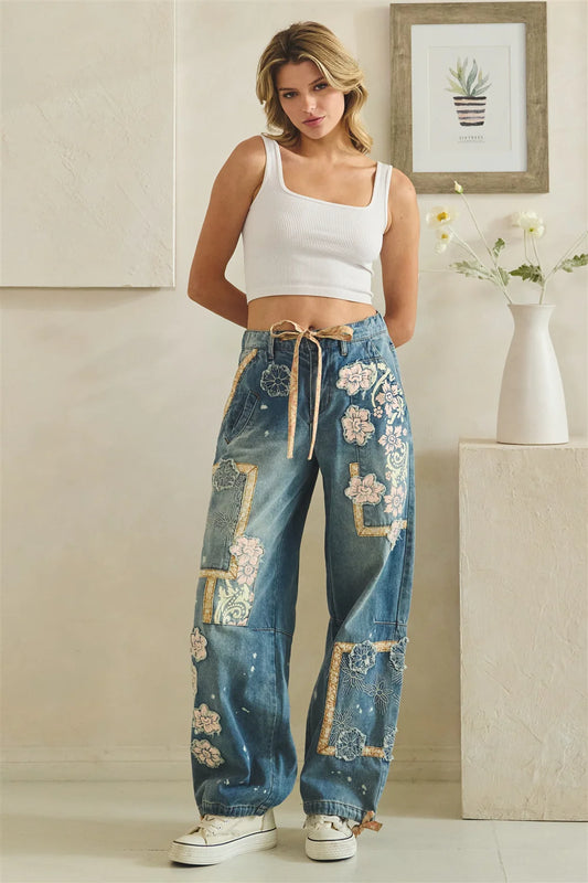 WASHED BLOCK PATCHED DENIM PANTS