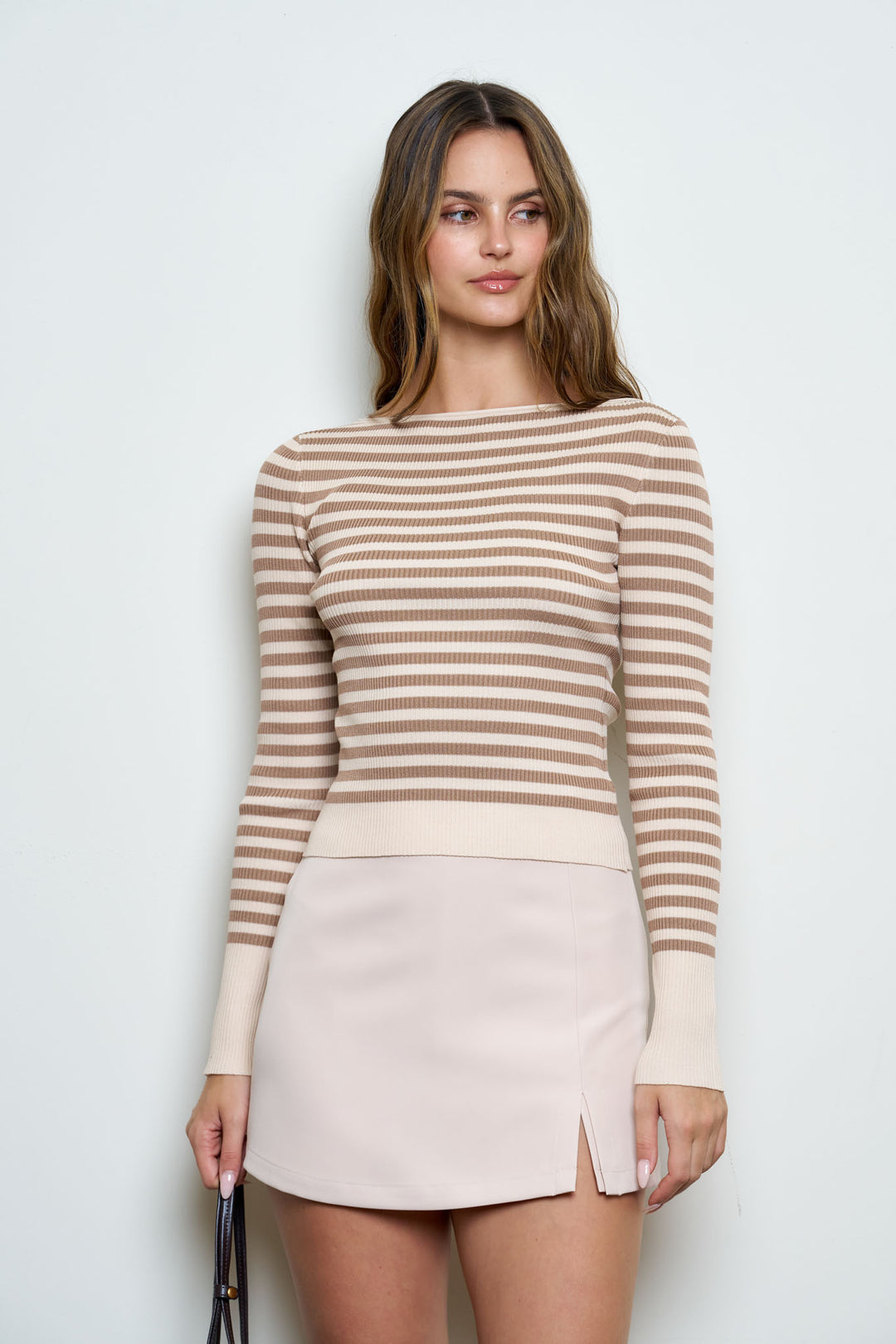 BOAT NECK STRIPE RIBBED LONG SLEEVE SWEATER TOP