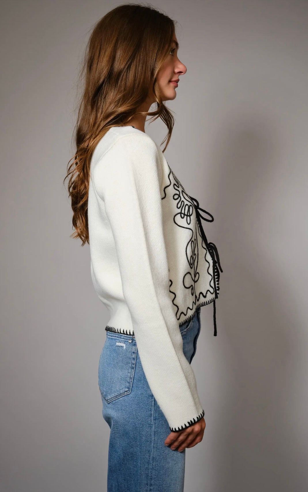 Embroidered Front Tie Long Sleeve Cardigan