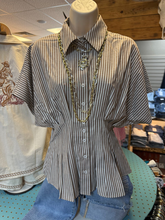 Striped Button Down Pleated Top