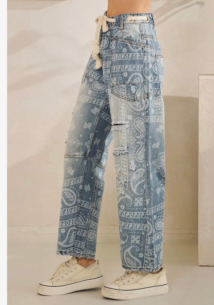 Washed Patty Paisley Patch Print Denim