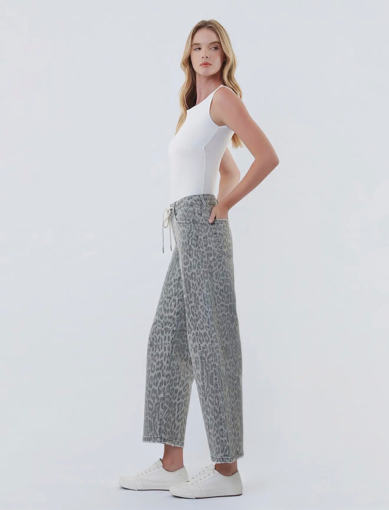 High Rise Drawstring Grey Leopard Barrel Jeans by Vervet