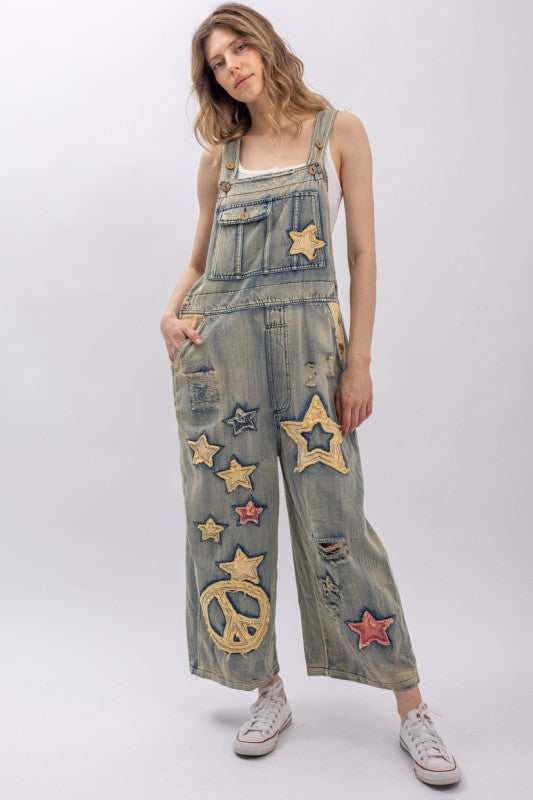 Star And Peace Patchwork Denim Bib Overalls