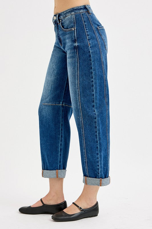 High Rise Boyfriend Cuffed Barrel Jeans