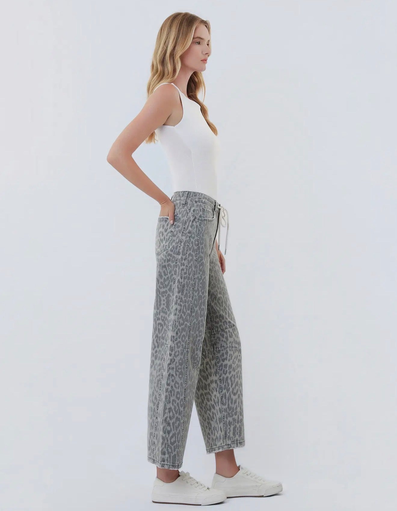 High Rise Drawstring Grey Leopard Barrel Jeans by Vervet
