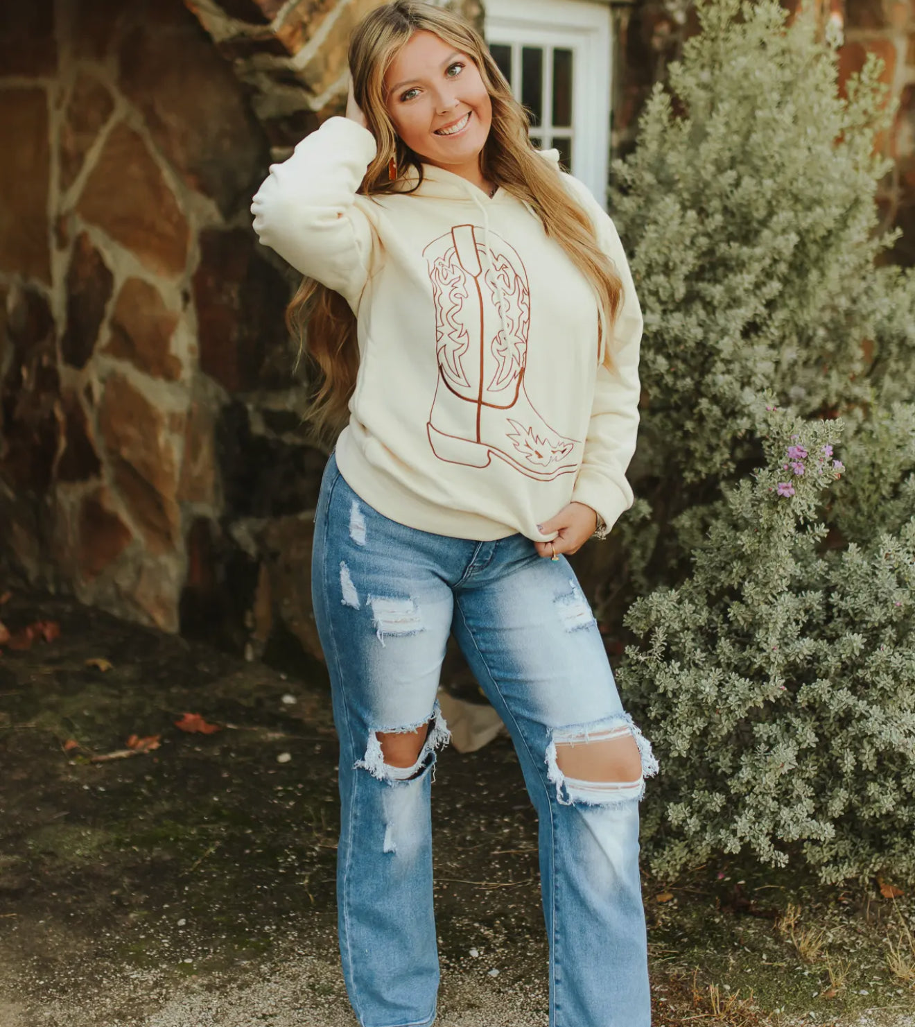 Cream Hoodie W Boot Embroidery